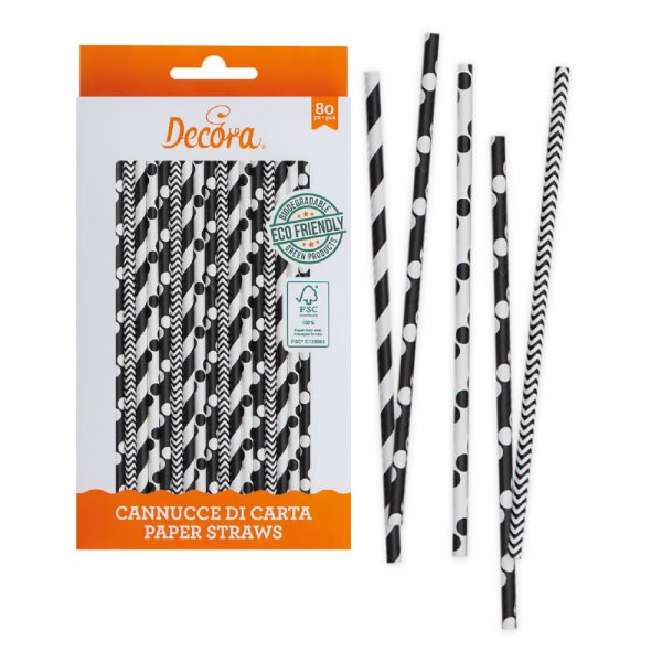 DECORA Strohhalme schwarz/weiß Papier 80Stück