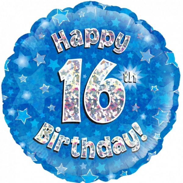Folienballon - Happy Birthday - "16" - Glitzerregen - blau - 45,7 cm