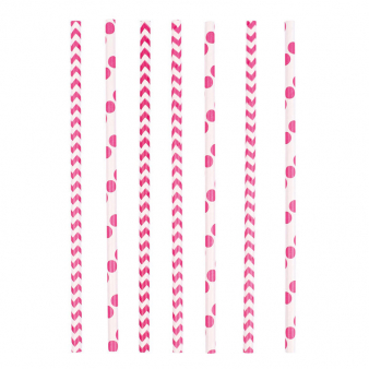 24 Trinkhalme Dots & Chevron rosa Papier 19,5 cm