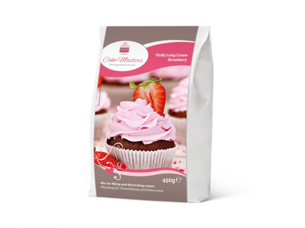 White plastic food packaging. Cake-Masters Fluffy Icing Cream Strawberry 450g
