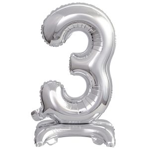 Mini Zahl 3 mit Standfuß Silber Folienballon