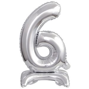 Mini Zahl 6 mit Standfuß Silber Folienballon