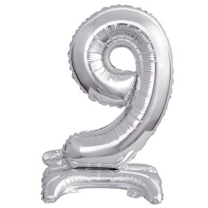 Mini Zahl 9 mit Standfuß Silber Folienballon