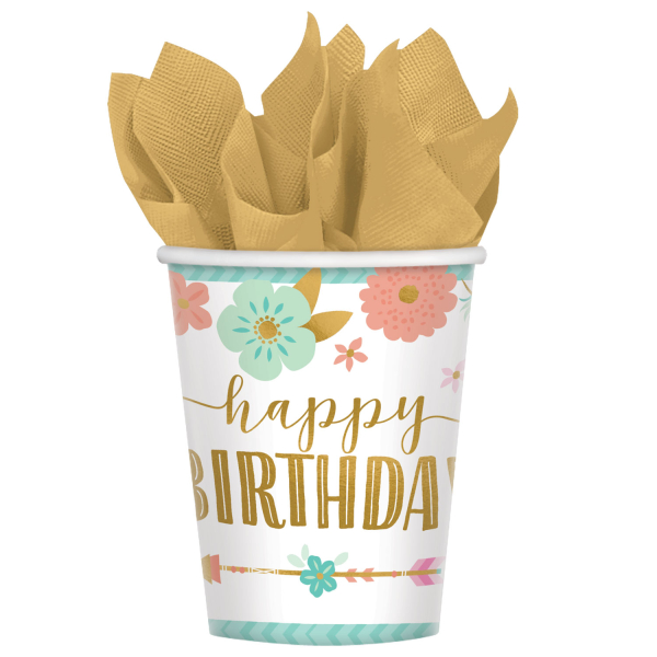 8 Becher Boho Birthday Girl Papier 250 ml