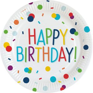 8 Teller Confetti Birthday Happy Birthday rund Papier 23 cm