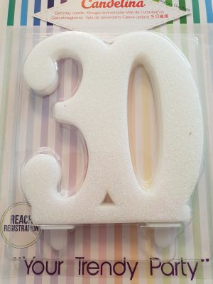 Candelina Kerze "30" weiss Glitzer 14cm