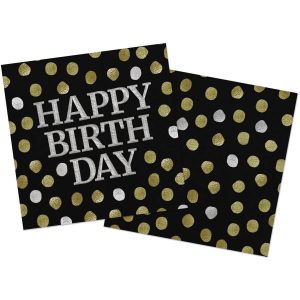 Servietten Glossy Black 'Happy Birthday' 33x33cm - 20 Stück