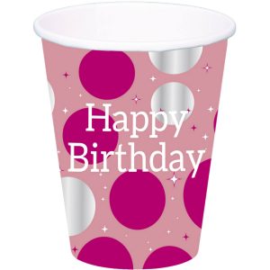 Trinkbecher Glossy Pink 'Happy Birthday' 250ml - 8 Stück