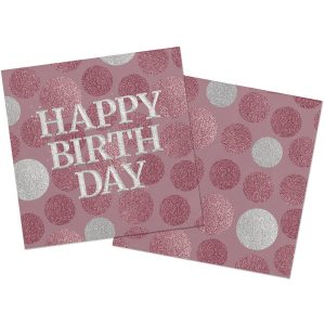 Servietten Glossy Pink 'Happy Birthday' 33x33cm - 20 Stück
