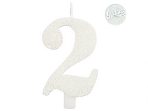 Candelina Kerze "2" weiss Glitzer 7cm