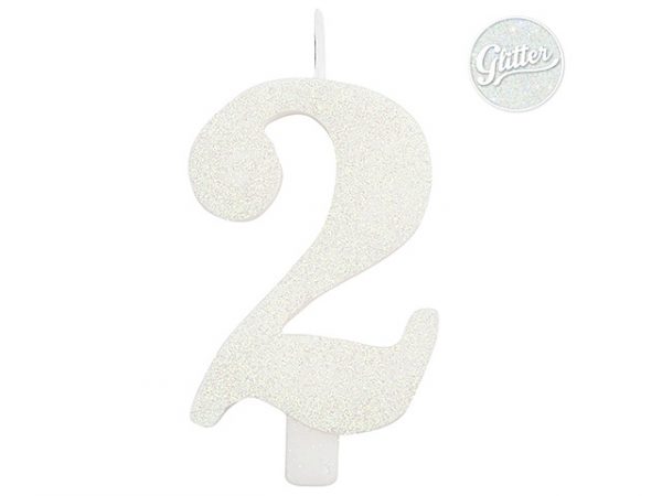 8010052508029 Candelina Kerze "2" weiss Glitzer 7cm