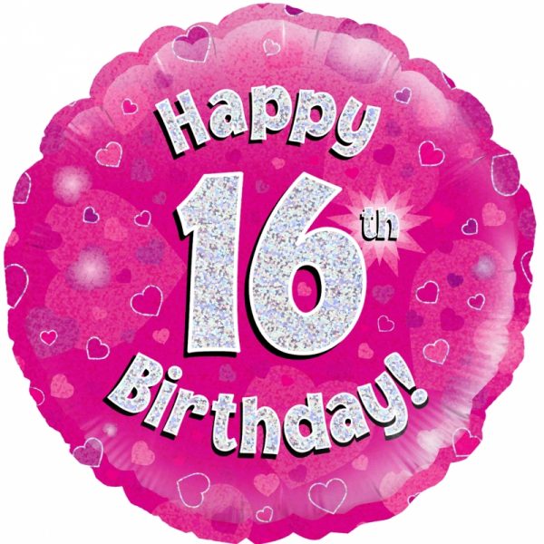 Folienballon - Happy Birthday - "16" - Glitzerregen - pink - 45,7 cm