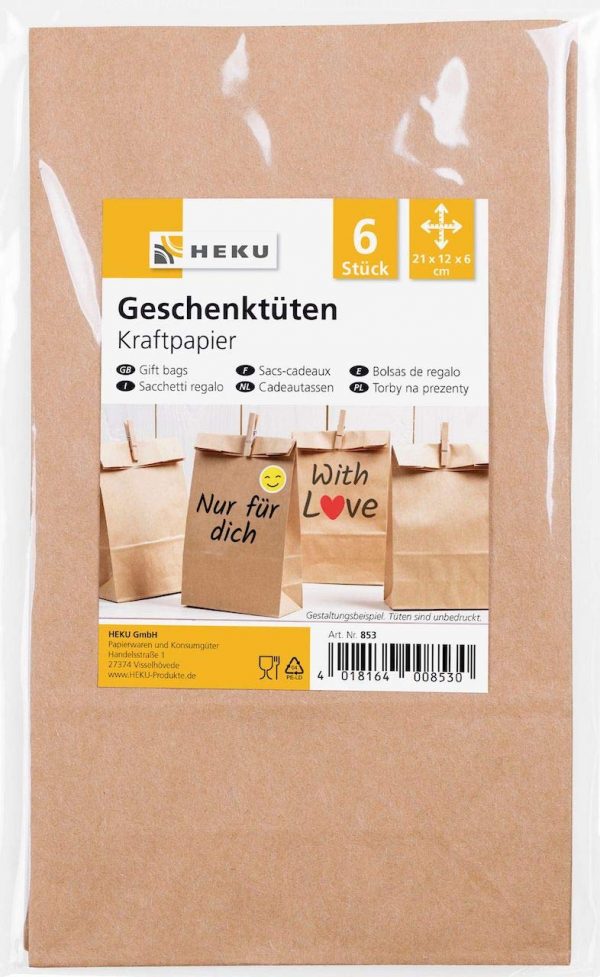 6 HEKU  Geschenktüten Kraftpapier braun 21x12x6cm