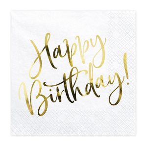 20 Servietten weiß "Happy Birthday" Gold 33x33 cm