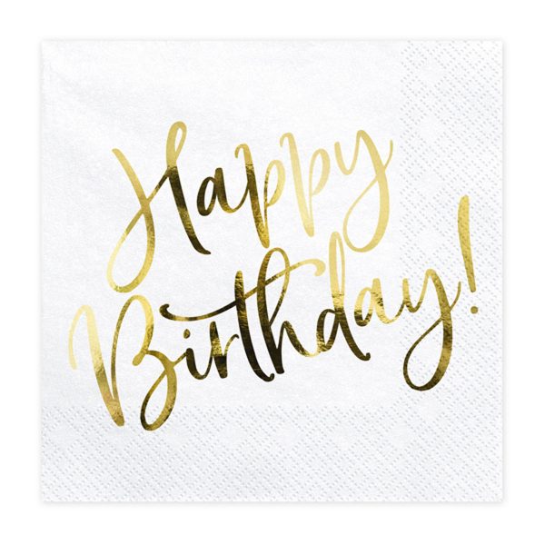 20 Servietten weiß "Happy Birthday" Gold 33x33 cm
