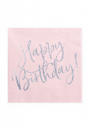 20 Servietten weiß "Happy Birthday" Rose 33x33 cm