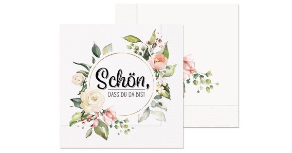 20 Servietten Schön Dass Du da bist, Blumen - im Kranz 33x33cm