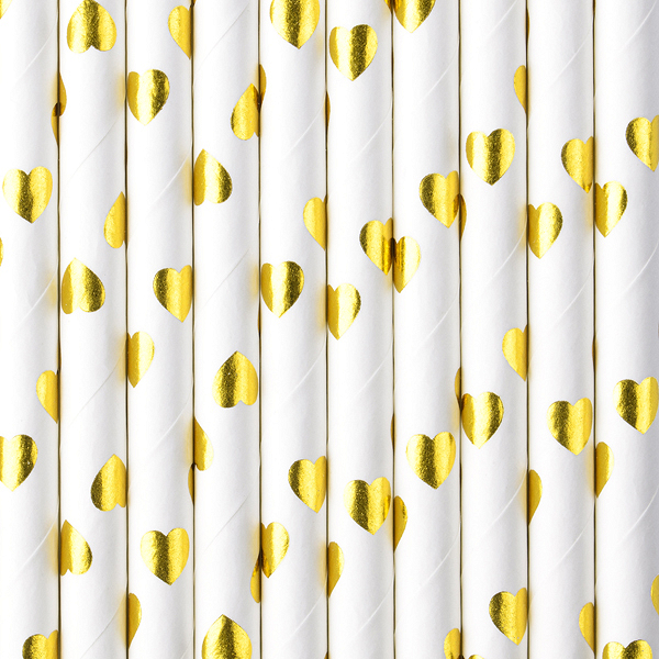 10 Trinkhalme Herz gold Papier 19,5 cm