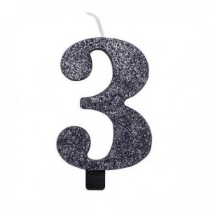 Candelina Kerze "3" schwarz Glitzer 7cm