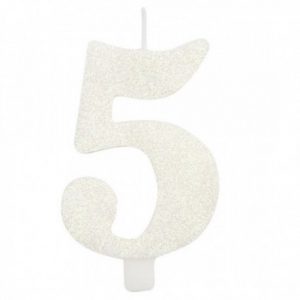 Candelina Kerze "5" weiss Glitzer 7cm