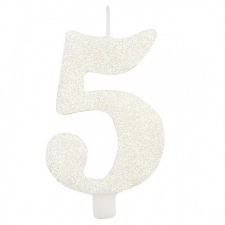 Candelina Kerze "5" weiss Glitzer 7cm