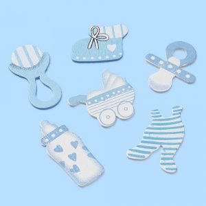 Holzstreuteile mit Klebepunkt "Baby" - hellblau - 2,5-4 cm - 12-teilig