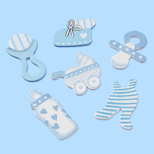 Holzstreuteile mit Klebepunkt "Baby" - hellblau - 2,5-4 cm - 12-teilig
