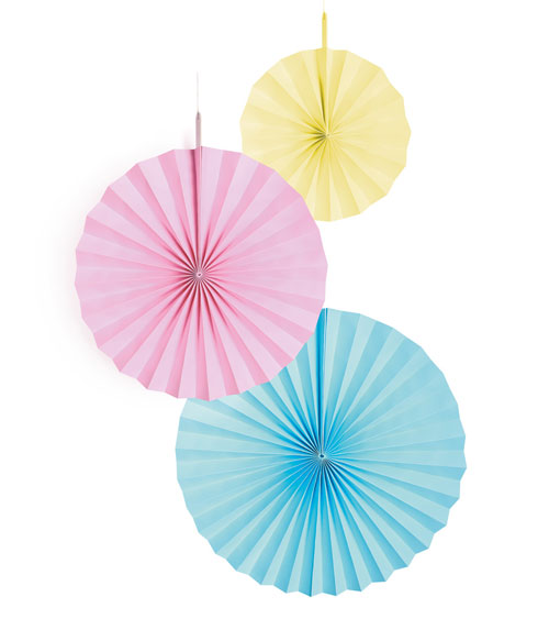 4 Dekofächer Pastel Gelb/Rosa/Blau Papier 18cm /30cm/ 38cm