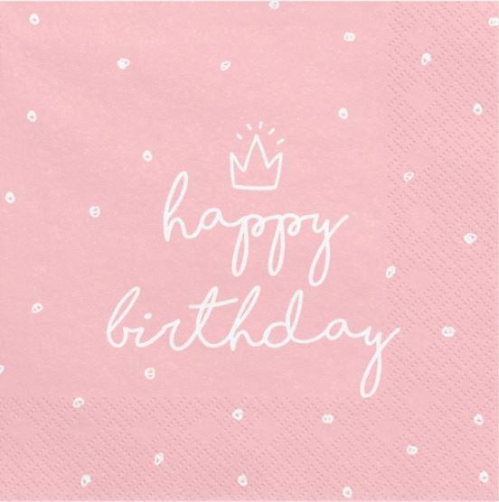20 Servietten Rosa "Happy Birthday" weiß 33x33 cm