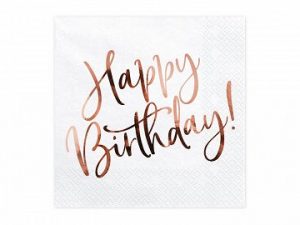 20 Servietten weiß "Happy Birthday" rosegold 33x33 cm