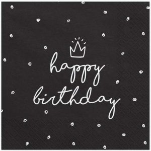 20 Servietten schwarz "Happy Birthday" weiß 33x33 cm