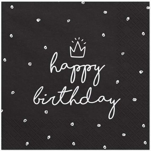 20 Servietten schwarz "Happy Birthday" weiß 33x33 cm