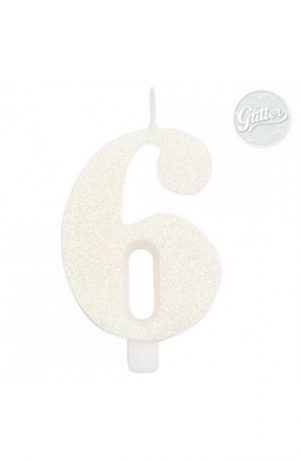 Candelina Kerze "6" weiss Glitzer 7cm