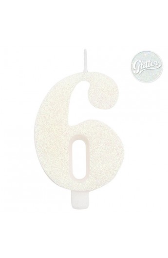 Candelina Kerze "6" weiss Glitzer 7cm