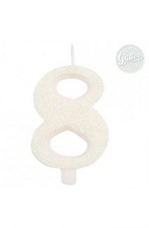 Candelina Kerze "8" weiss Glitzer 7cm