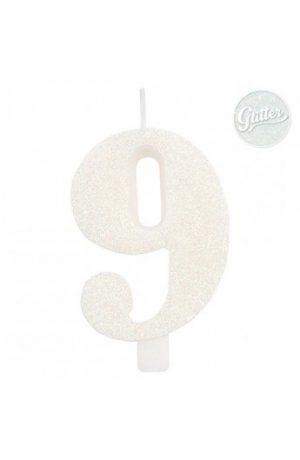 Candelina Kerze "9" weiss Glitzer 7cm