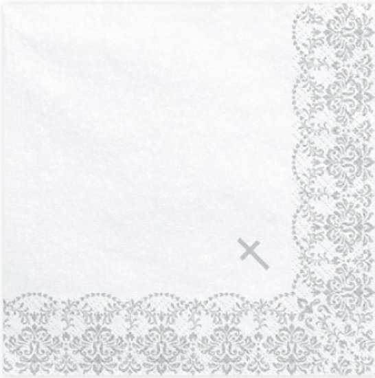 20 Servietten - Kreuz mit Ornamenten - silber - 33 x 33 cm
