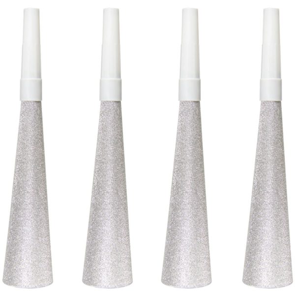 Silberfarbene Glitter Tröten 19 cm - 4 Stück