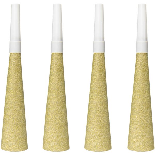 Goldfarbene Glitter Tröten 19 cm - 4 Stück