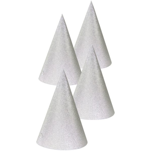 Silberfarbene Glitter Partyhüte 16 cm - 4 Stück