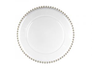 Teller mit Perlen, transparent, Durchmesser ca. 32 cm.