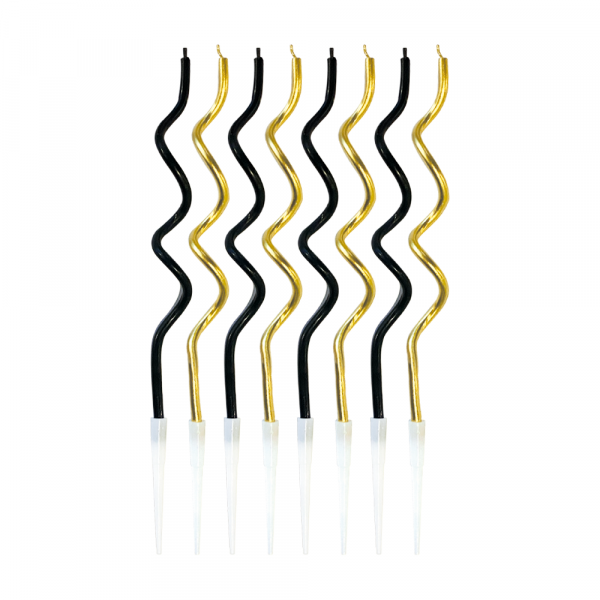 4693 8 Tortenkerzen Spiral Twist + 8 Halter Gold/Schwarz