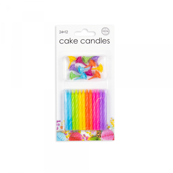 5883-v 24 Tortenkerzen + 12 Halter bunt