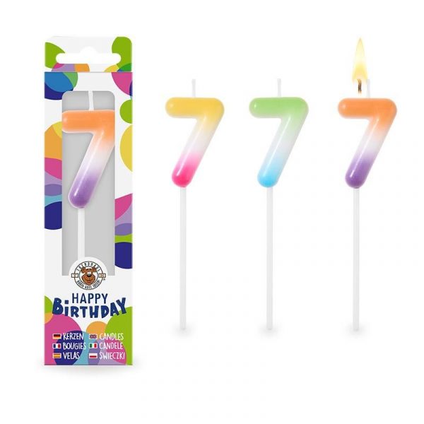 966827_b Zahlenkerze Regenbogen 7, 3-fach sortiert