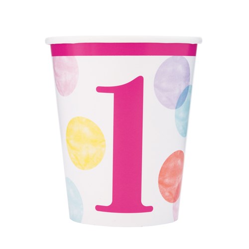 8 Becher Dots First Birthday Pink