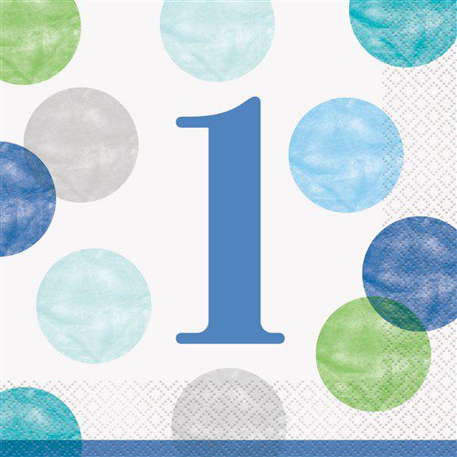 16 Servietten Dots First Birthday blau 33x33cm