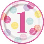 8 Teller Dots First Birthday rosa Ø23cm
