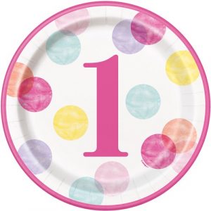 8 Teller Dots First Birthday rosa Ø23cm