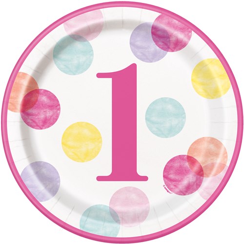 8 Teller Dots First Birthday rosa Ø23cm