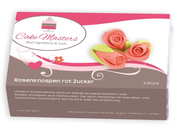 11877_CM118771 Cake-Masters Rosenknospen rot Zucker 3 Stück